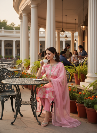 Women Peach Kota Doriya Kurta Set with Dupatta