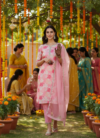 Women Peach Kota Doriya Kurta Set with Dupatta