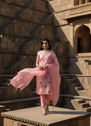 Women Peach Kota Doriya Kurta Set with Dupatta