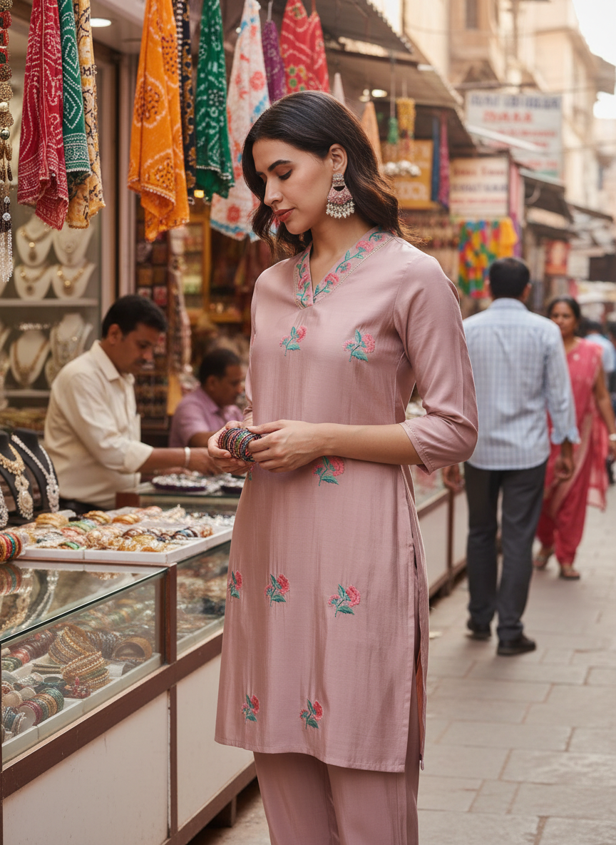 The Suitable Blush Pink Chanderi Silk Kurta Set for Women | Floral Kurta with Zari & Sequin Hand Embellished Neckline | Cotton Mul Lining | Straight Kurta Pant with Dupatta | Festive Ethnic Suit Set