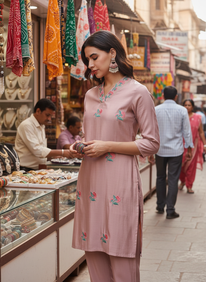 The Suitable Blush Pink Chanderi Silk Kurta Set for Women | Floral Kurta with Zari & Sequin Hand Embellished Neckline | Cotton Mul Lining | Straight Kurta Pant with Dupatta | Festive Ethnic Suit Set