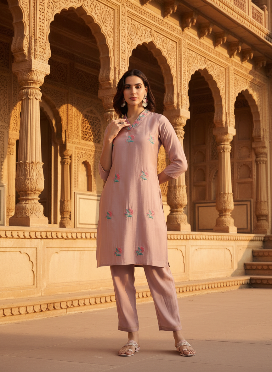 The Suitable Blush Pink Chanderi Silk Kurta Set for Women | Floral Kurta with Zari & Sequin Hand Embellished Neckline | Cotton Mul Lining | Straight Kurta Pant with Dupatta | Festive Ethnic Suit Set
