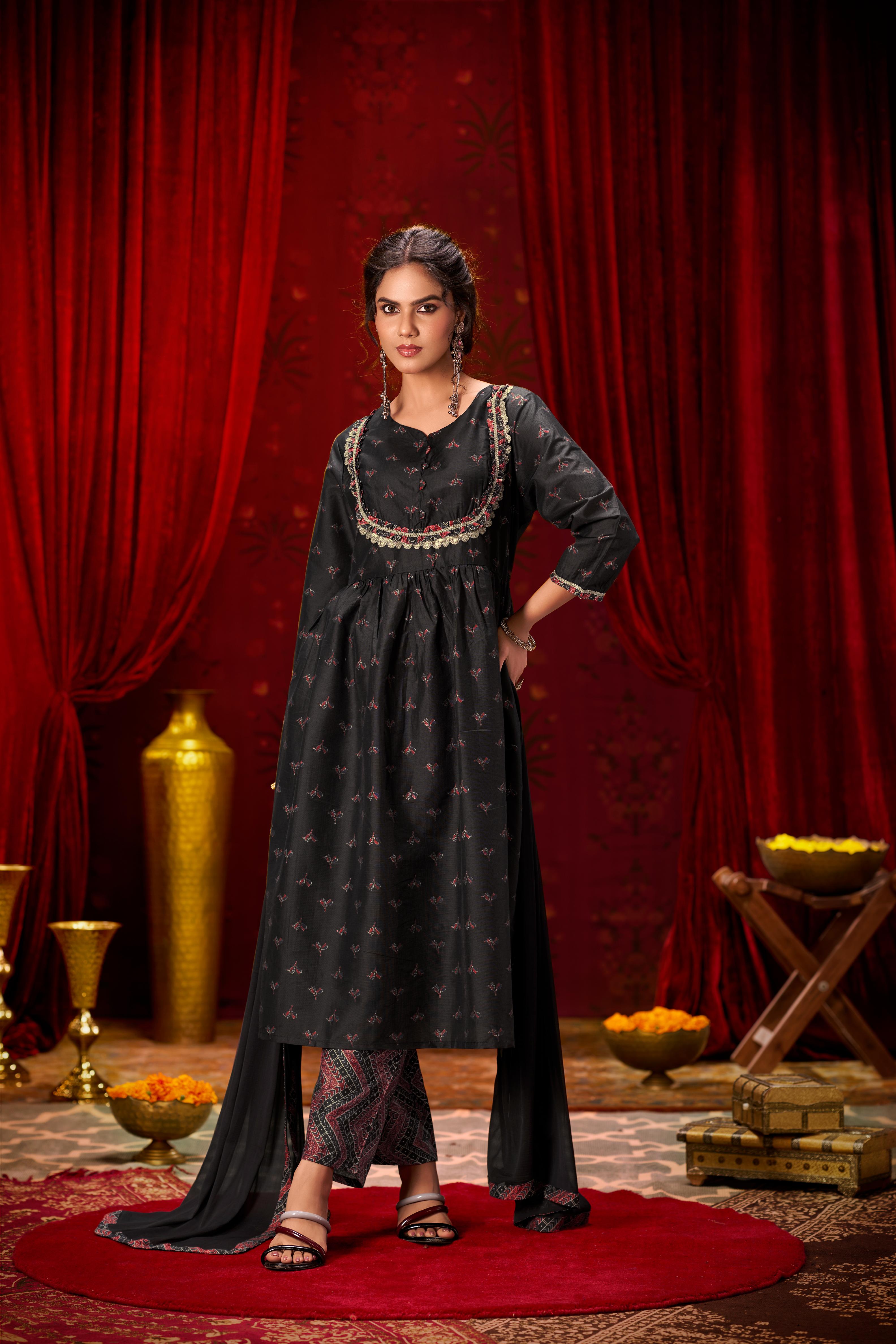 Black Ajrakh Print Chanderi Silk Kurta Set with Dupatta