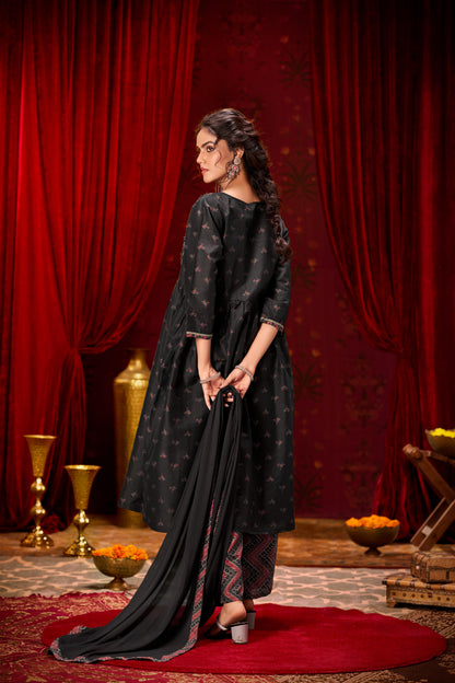 Black Ajrakh Print Hand-Appliquéd Zari Lace Detailed Suit Set with Printed Frill Accents in Chanderi Silk with Dupatta