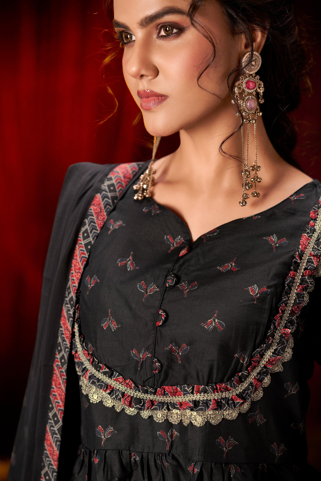 Black Ajrakh Print Hand-Appliquéd Zari Lace Detailed Suit Set with Printed Frill Accents in Chanderi Silk with Dupatta