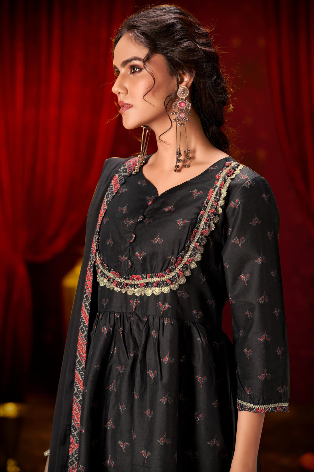 Black Ajrakh Print Hand-Appliquéd Zari Lace Detailed Suit Set with Printed Frill Accents in Chanderi Silk with Dupatta