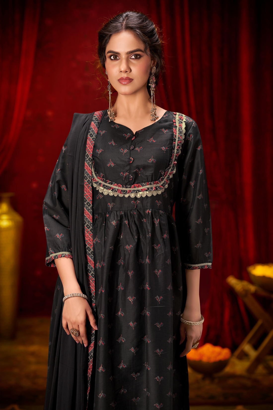 Black Ajrakh Print Hand-Appliquéd Zari Lace Detailed Suit Set with Printed Frill Accents in Chanderi Silk with Dupatta