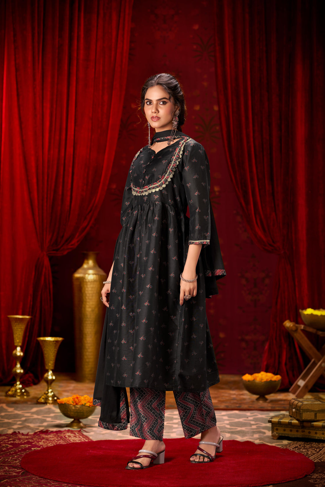 Black Ajrakh Print Hand-Appliquéd Zari Lace Detailed Suit Set with Printed Frill Accents in Chanderi Silk with Dupatta