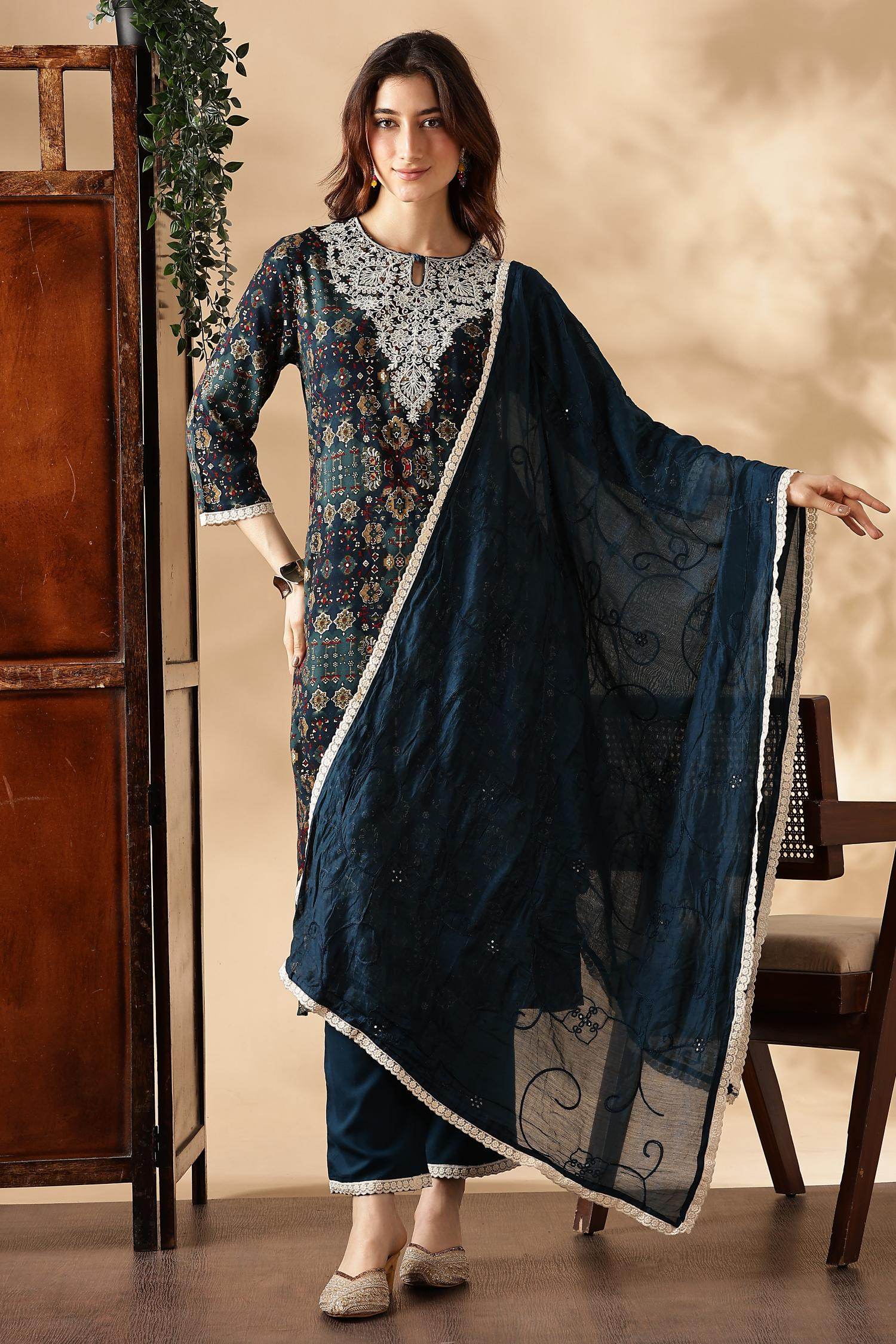 Anjali Rayon Teal Kurta Set with Dupatta - BulBul