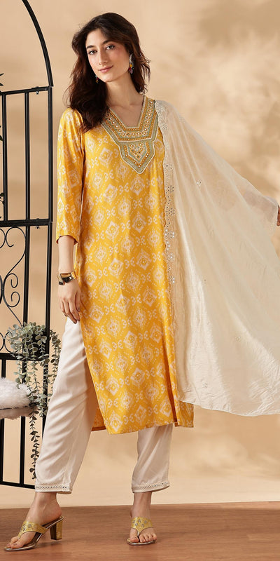 BulBul Sagarika Printed Yellow & Off White Rayon Salwar Suit