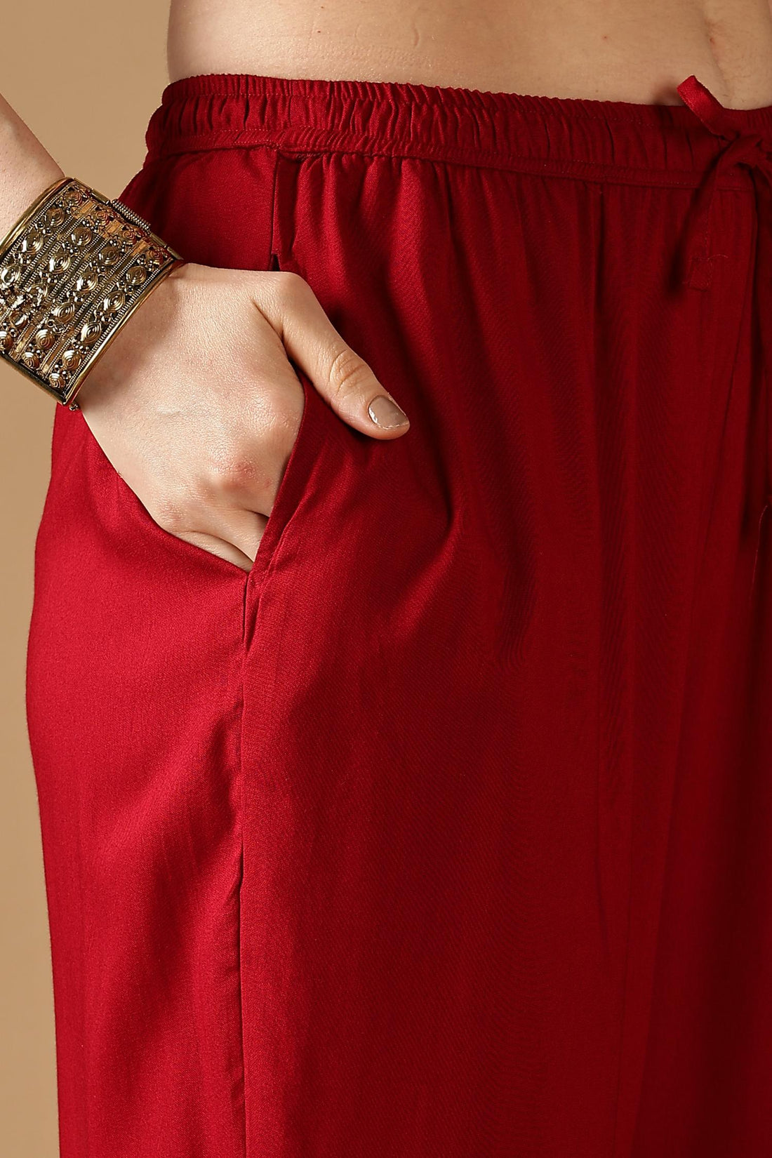Shamaira Rust Ethnic Printed Salwar Suit with Thread Embroidered Neck Panel in Viscose