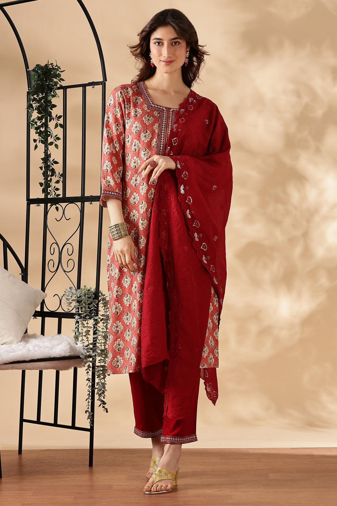 Shamaira Rust Ethnic Printed Salwar Suit with Thread Embroidered Neck Panel in Viscose