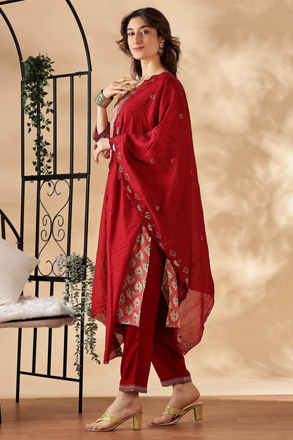 Shamaira Rust Ethnic Printed Salwar Suit with Thread Embroidered Neck Panel in Viscose
