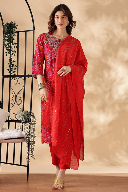 Kamolika Printed Fuschia Salwar Suit with Hand Zari Thread Embroidered Neckline in Viscose