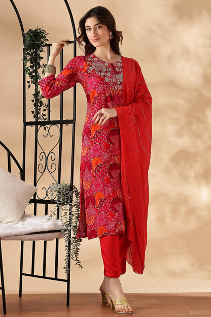Kamolika Printed Fuschia Salwar Suit with Hand Zari Thread Embroidered Neckline in Viscose