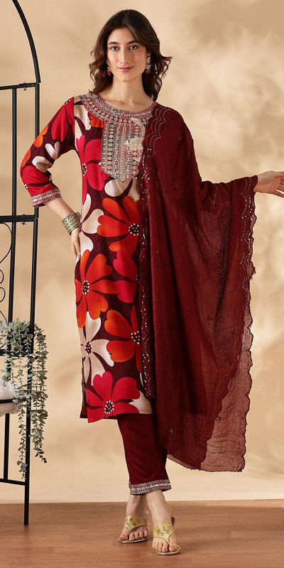 BulBul Roli floral Printed Red Rayon Salwar Suit