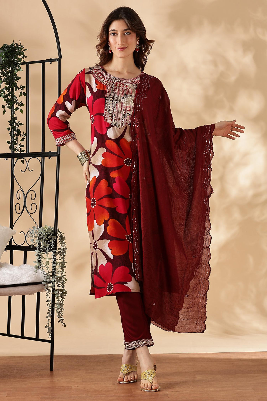 Roli Floral Printed Red Salwar Suit with Handcrafted Zari & Mirror Embroidered Neckline in Viscose