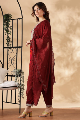 Roli Floral Printed Red Salwar Suit with Handcrafted Zari & Mirror Embroidered Neckline in Viscose