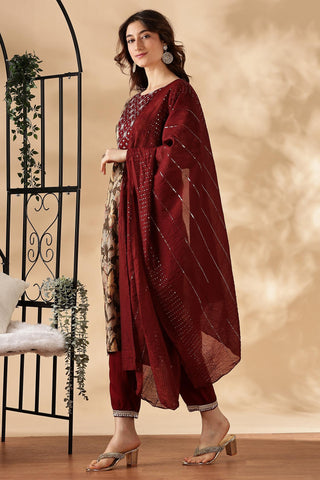 Areba Wine & Teal Printed Salwar Suit with Intricate Zari Lattice Hand Embroidery Neck Panel in Viscose