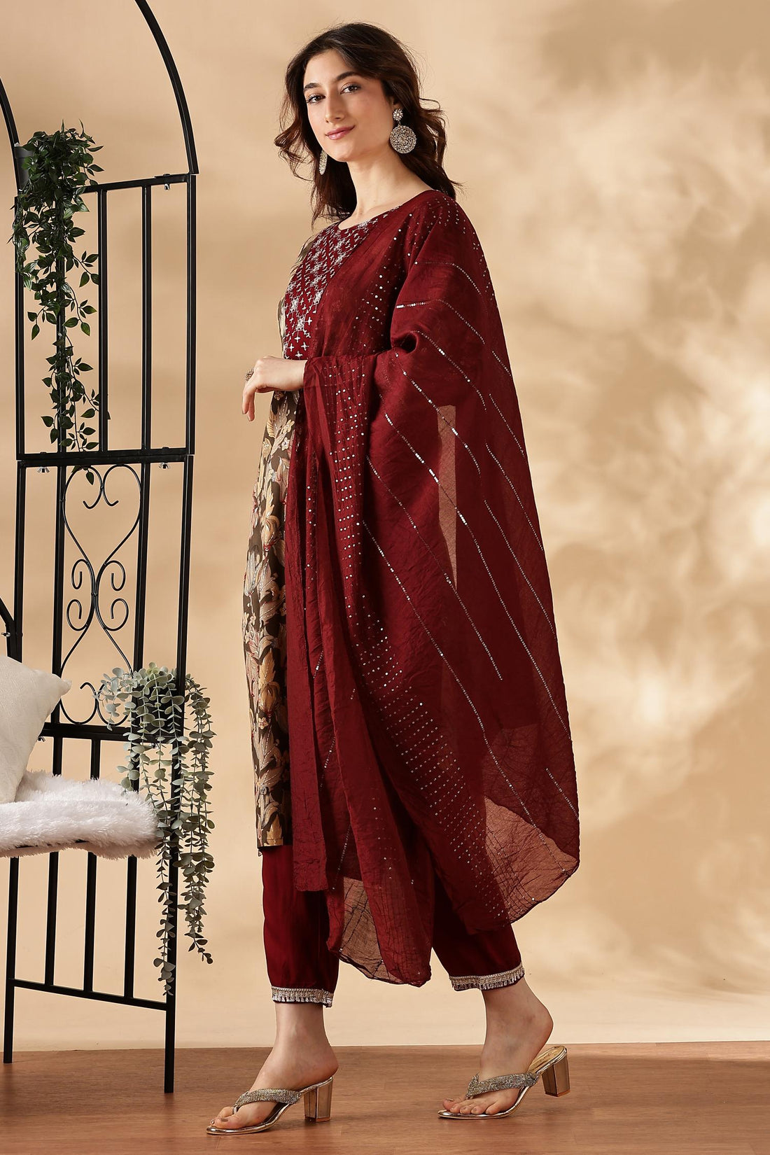 Areba Wine & Teal Printed Salwar Suit with Intricate Zari Lattice Hand Embroidery Neck Panel in Viscose