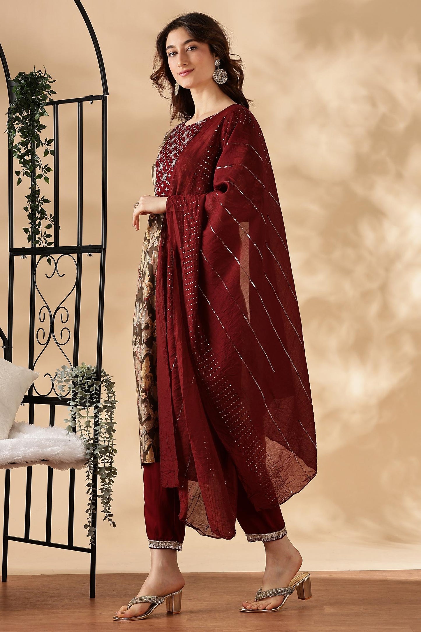 BulBul Areba Printed Wine & Teal Rayon Salwar Suit
