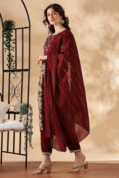 Areba Wine & Teal Printed Salwar Suit with Intricate Zari Lattice Hand Embroidery Neck Panel in Viscose