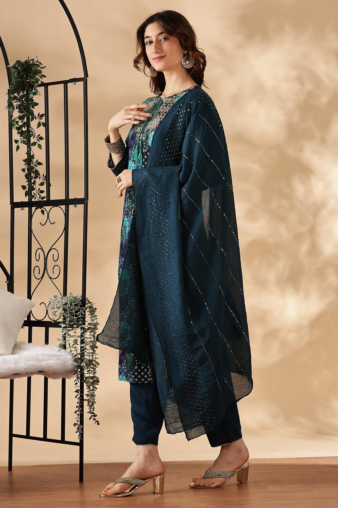 Kamolika Printed Aqua Salwar Suit with Hand Zari Thread Embroidered Neckline in Viscose