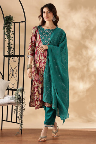 Areba Olive & Maroon Printed Salwar Suit with Intricate Zari Lattice Hand Embroidery Neck Panel in Viscose