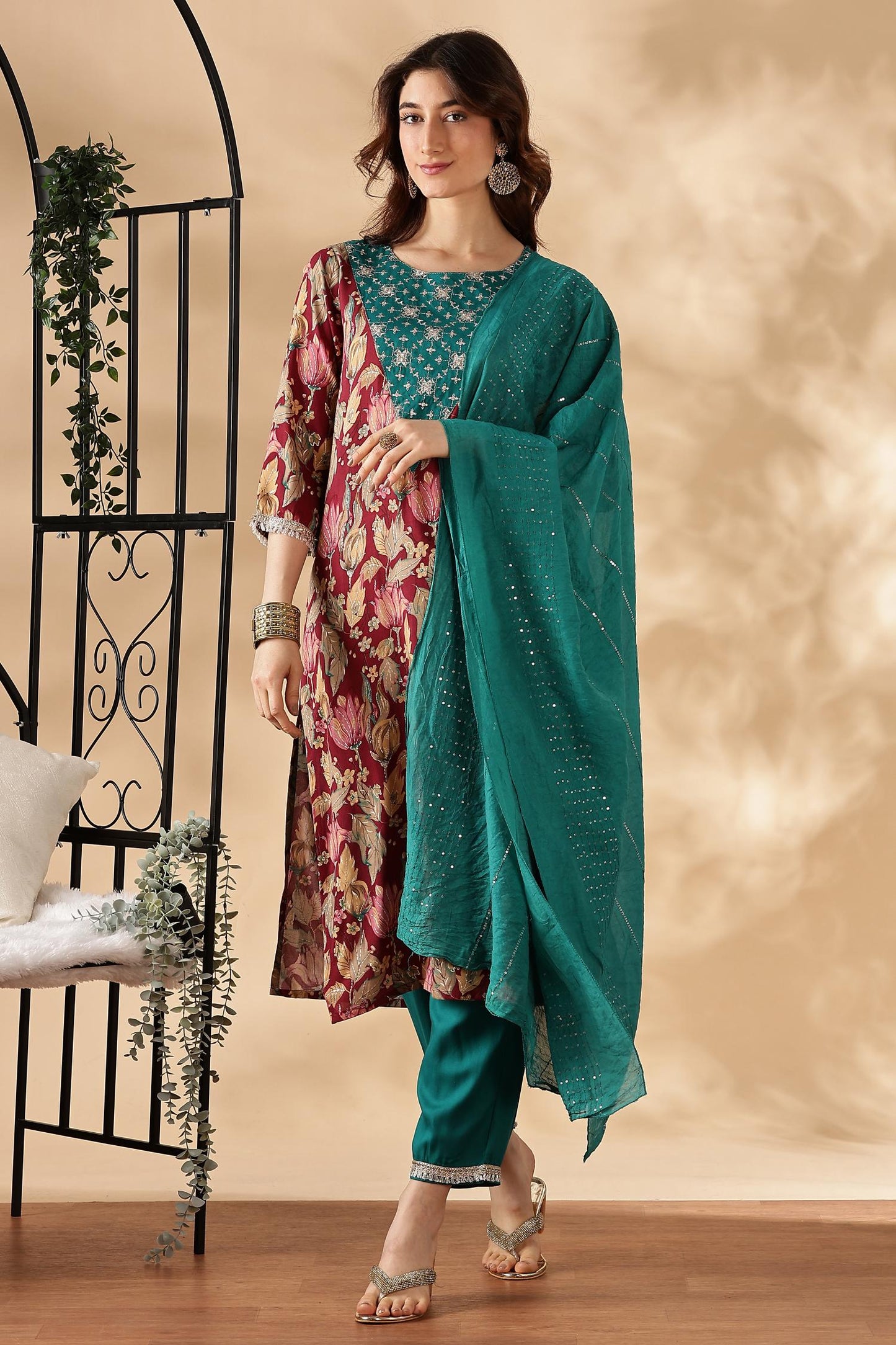 BulBul Areba Printed Olive & Maroon Rayon Salwar Suit