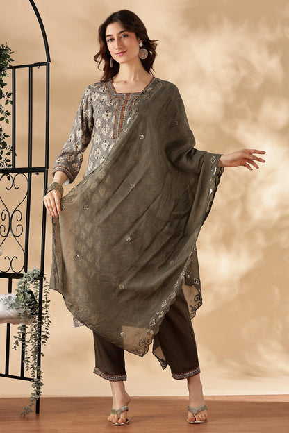 Shamaira Grey Ethnic Printed Salwar Suit with Thread Embroidered Neck Panel in Viscose
