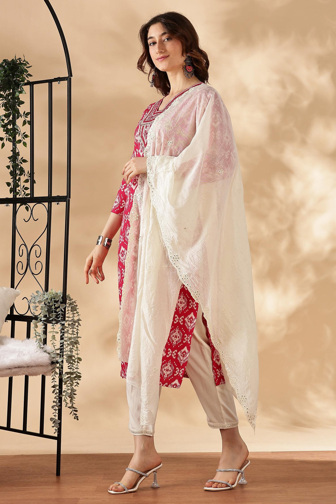 Sagarika Printed Red & Off White Salwar Suit with Hand Embroidered Mirror Work Neckline in Viscose