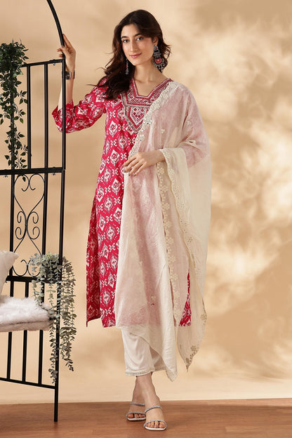 Sagarika Printed Red & Off White Salwar Suit with Hand Embroidered Mirror Work Neckline in Viscose