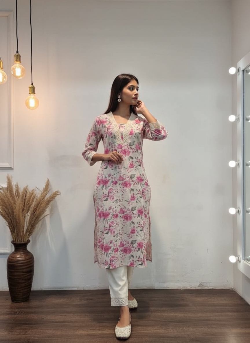 BulBul Hazel Pink Floral Cotton Kurta Set