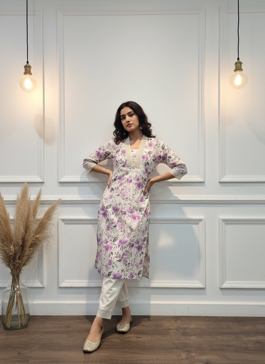 BulBul Hazel Purple Floral Cotton Kurta Set