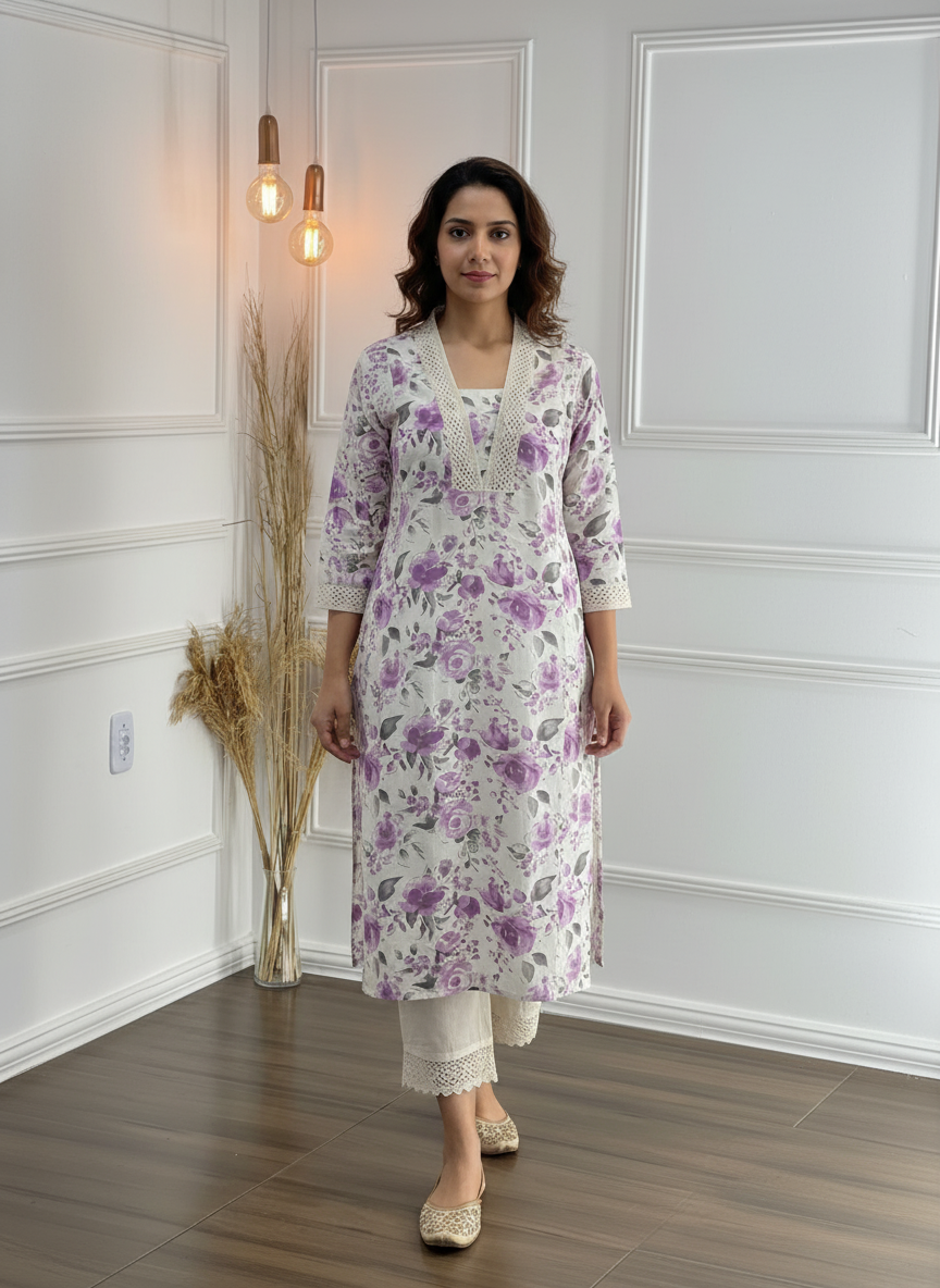 BulBul Hazel Purple Floral Cotton Kurta Set