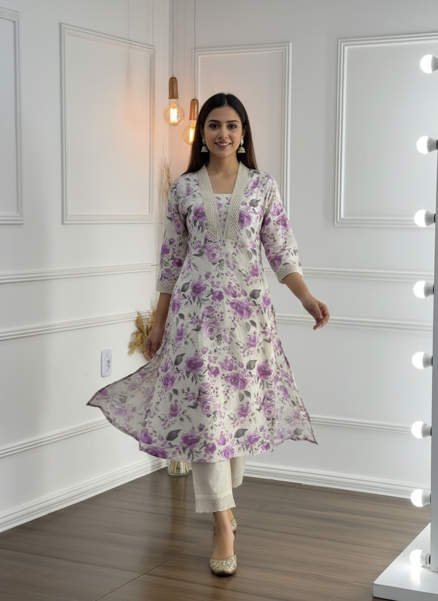 BulBul Hazel Purple Floral Cotton Kurta Set