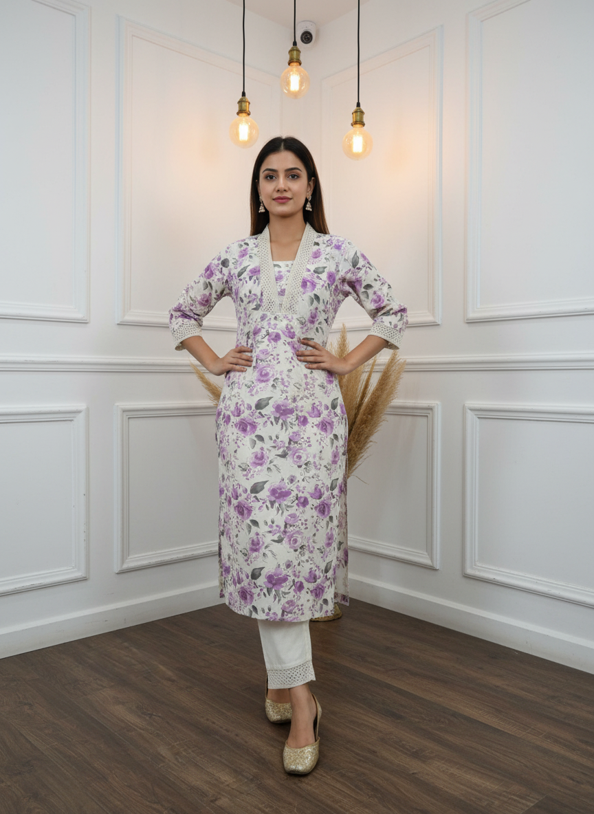 BulBul Hazel Purple Floral Cotton Kurta Set