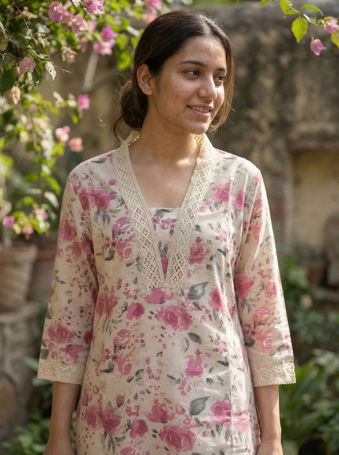 Pure Cotton Hazel Pink Floral Printed Kurta Set with Crochet Lace Detailing