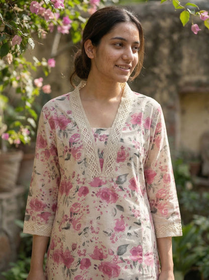 Pure Cotton Hazel Pink Floral Printed Kurta Set with Crochet Lace Detailing