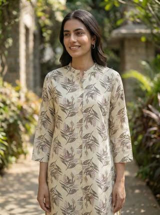 Lily Cream Viscose Kurta Set with Olive Leaf Print
