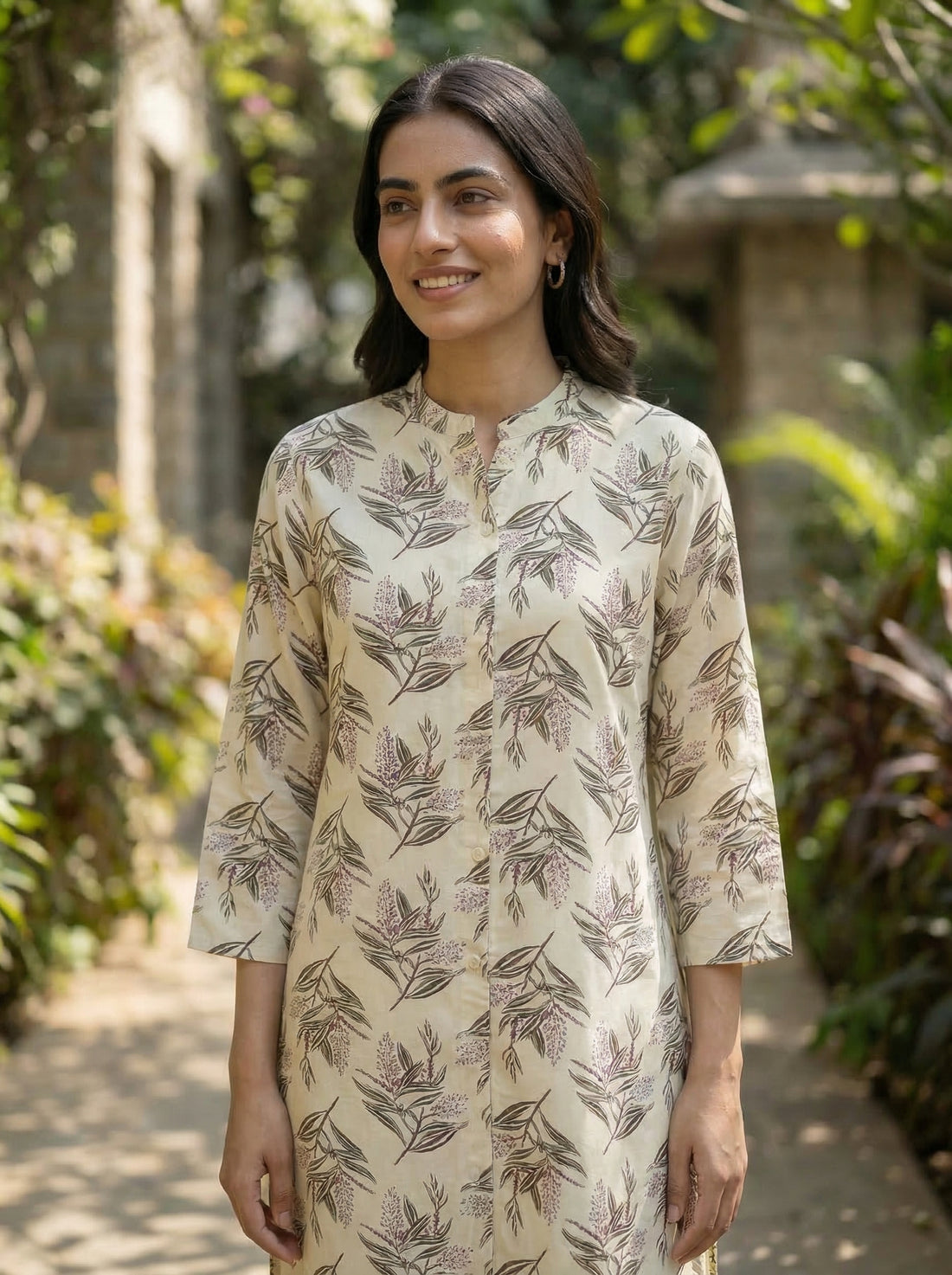 Lily Cream Viscose Kurta Set with Olive Leaf Print