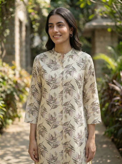 Lily Cream Viscose Kurta Set with Olive Leaf Print