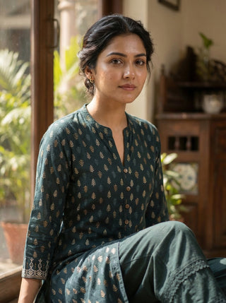 Lily Bottle Green Printed Viscose Kurta Set with Leaf Buta Motifs and Embroidered Sleeve Border