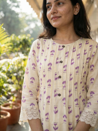 Lily Purple Printed Viscose Kurta Set with Abstract Buta Motifs and Lace Sleeve Detailing
