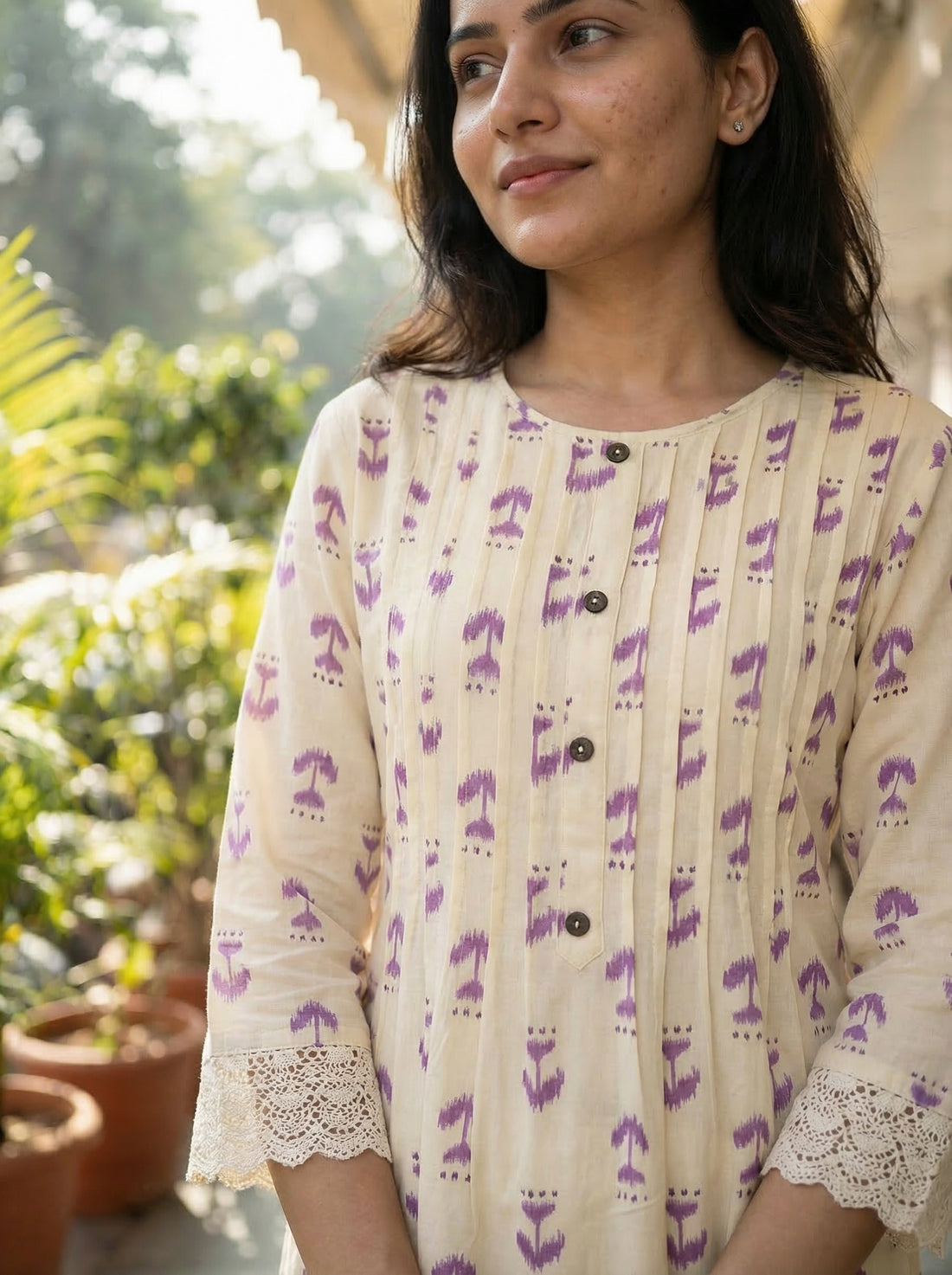 Lily Purple Printed Viscose Kurta Set with Abstract Buta Motifs and Lace Sleeve Detailing