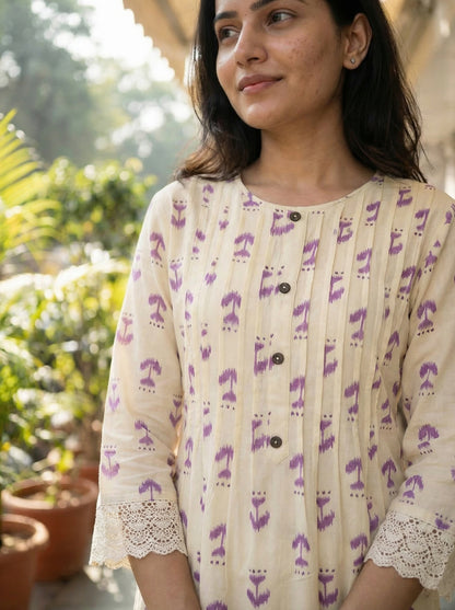 Lily Purple Printed Viscose Kurta Set with Abstract Buta Motifs and Lace Sleeve Detailing