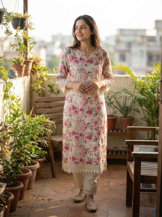 Hazel Pink Floral Printed Cotton Kurta Set with Crochet Lace Detailing