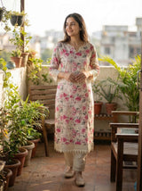 Hazel Pink Floral Printed Cotton Kurta Set with Crochet Lace Detailing