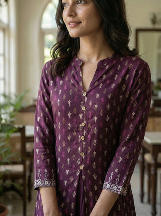 Lily Wine Printed Viscose Kurta Set with Leaf Buta Motifs and Embroidered Sleeve Border