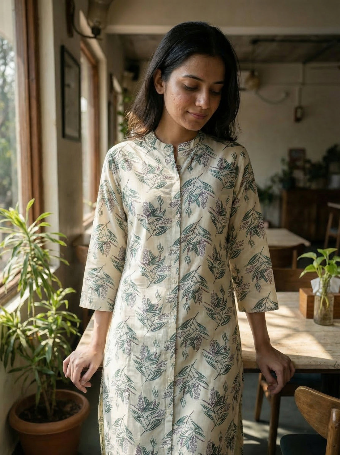 Lily Cream Viscose Kurta Set with Green Leaf Print